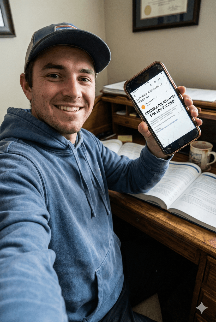 Technician celebrating EPA 608 certification