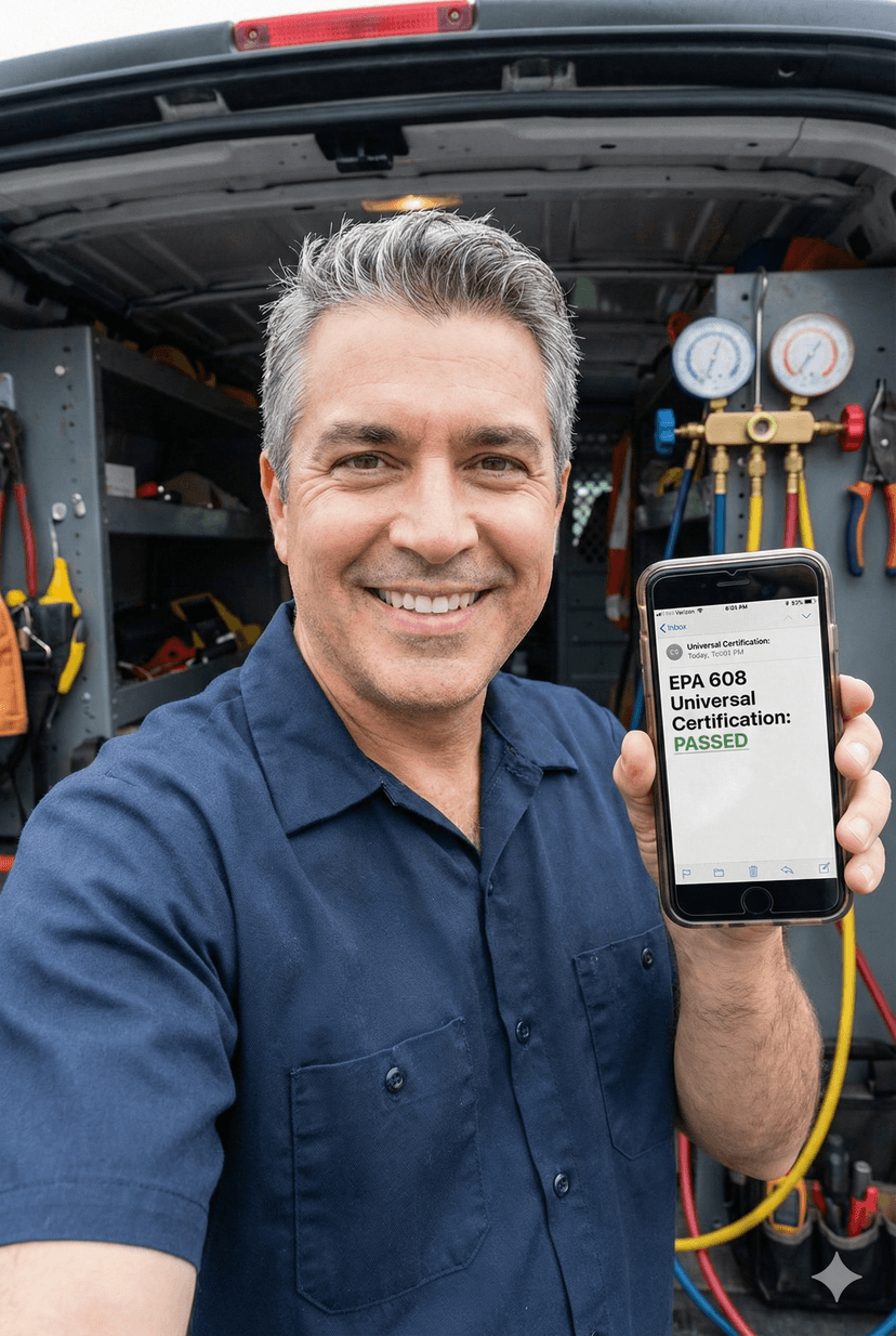 Technician celebrating EPA 608 certification